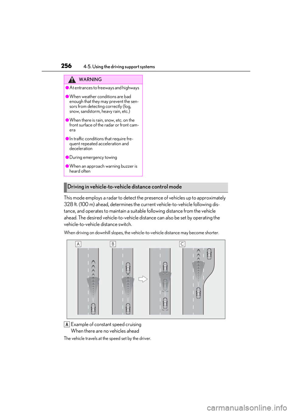 LEXUS LS500 2021 Owners Manual 2564-5. Using the driving support systems
This mode employs a radar to detect the presence of vehicles up to approximately
328 ft. (100 m) ahead, determines the cu rrent vehicle-to-vehicle following LEXUS LS500 2021 Owners Manual 2564-5. Using the driving support systems
This mode employs a radar to detect the presence of vehicles up to approximately
328 ft. (100 m) ahead, determines the cu rrent vehicle-to-vehicle following