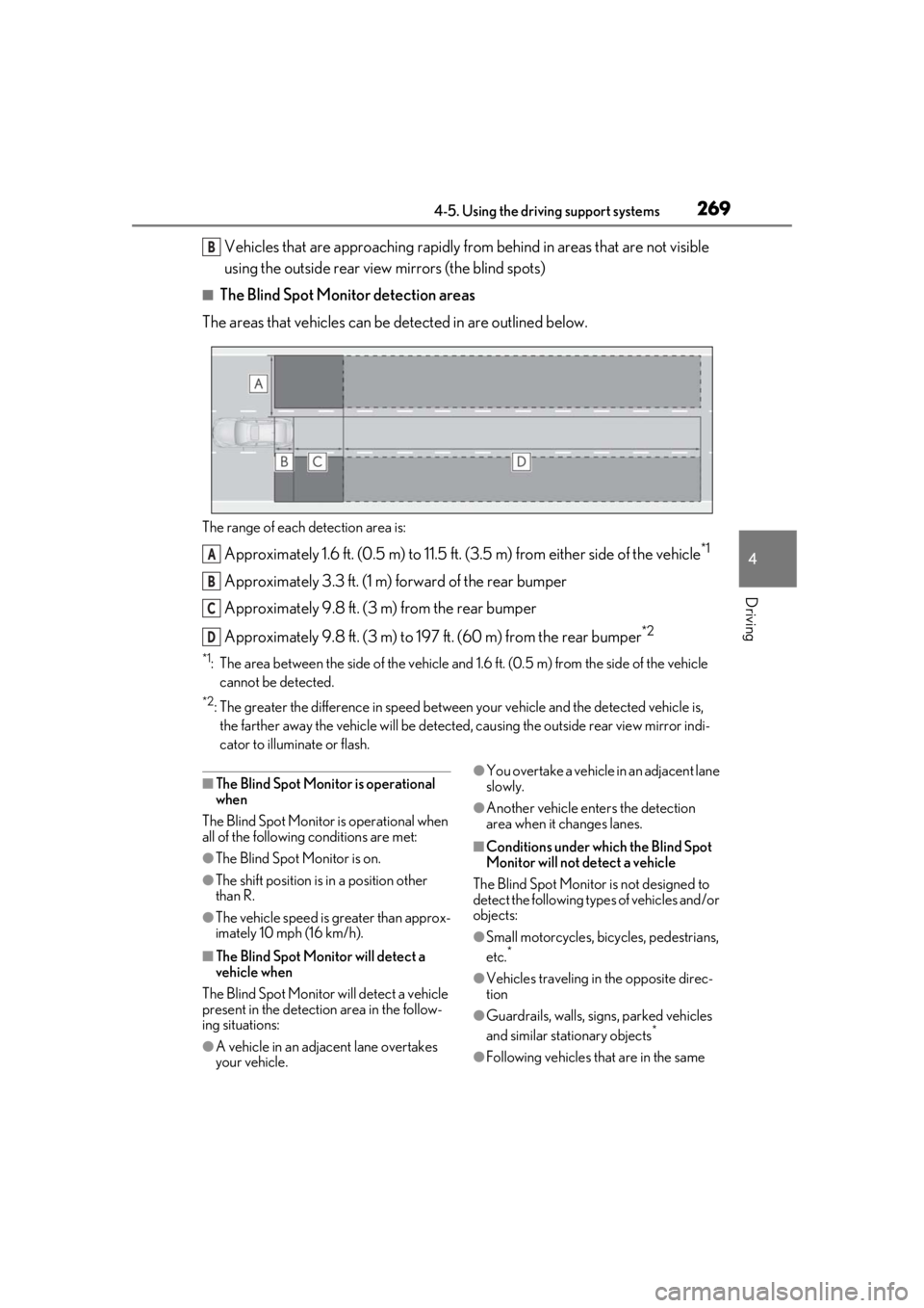 LEXUS LS500 2021 Owners Manual 2694-5. Using the driving support systems
4
Driving
Vehicles that are approaching rapidly from behind in areas that are not visible
using the outside rear view mirrors (the blind spots)
■The Blind LEXUS LS500 2021 Owners Manual 2694-5. Using the driving support systems
4
Driving
Vehicles that are approaching rapidly from behind in areas that are not visible
using the outside rear view mirrors (the blind spots)
■The Blind