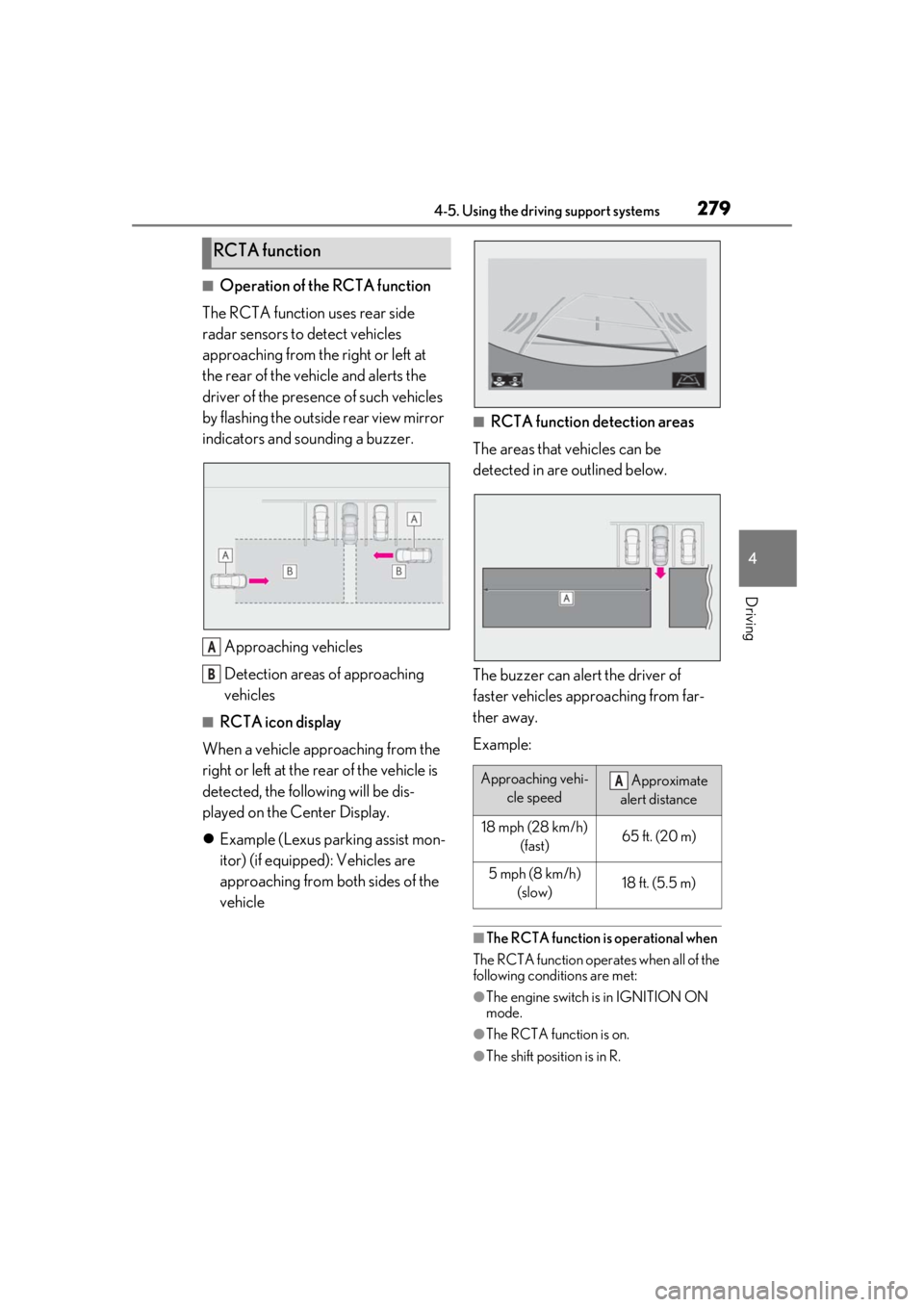 LEXUS LS500 2021 Owners Manual 2794-5. Using the driving support systems
4
Driving
■Operation of the RCTA function
The RCTA function uses rear side
radar sensors to detect vehicles
approaching from the right or left at
the rea LEXUS LS500 2021 Owners Manual 2794-5. Using the driving support systems
4
Driving
■Operation of the RCTA function
The RCTA function uses rear side
radar sensors to detect vehicles
approaching from the right or left at
the rea