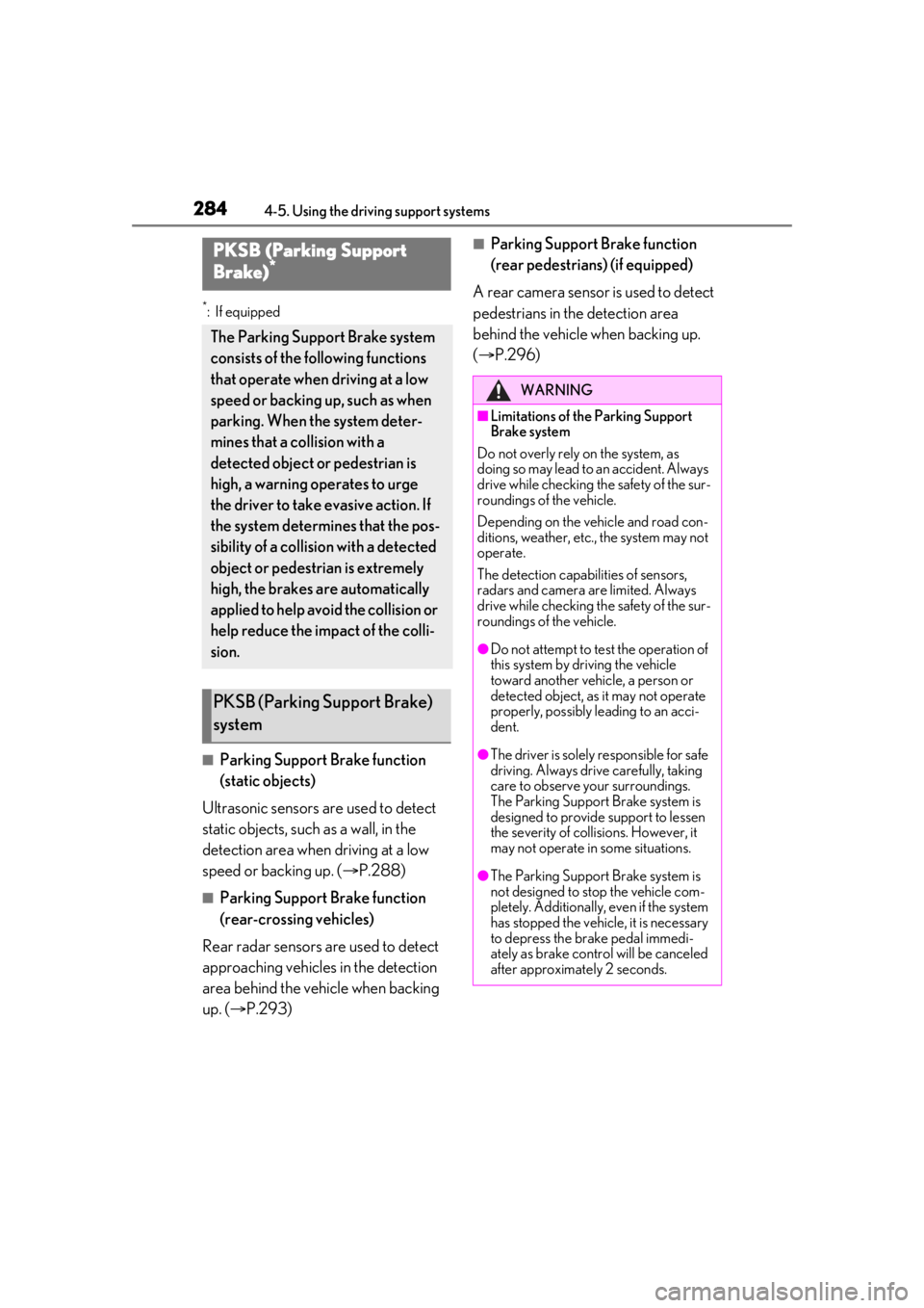 LEXUS LS500 2021 Owners Manual 2844-5. Using the driving support systems
*:If equipped
■Parking Support Brake function
(static objects)
Ultrasonic sensors are used to detect
static objects, such as a wall, in the
detection are LEXUS LS500 2021 Owners Manual 2844-5. Using the driving support systems
*:If equipped
■Parking Support Brake function
(static objects)
Ultrasonic sensors are used to detect
static objects, such as a wall, in the
detection are