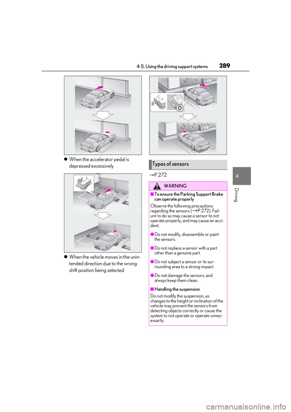 LEXUS LS500 2021 Owners Manual 2894-5. Using the driving support systems
4
Driving
When the accelerator pedal is
depressed excessively
When the vehicle moves in the unin-
tended direction due to the wrong
shift position be LEXUS LS500 2021 Owners Manual 2894-5. Using the driving support systems
4
Driving
When the accelerator pedal is
depressed excessively
When the vehicle moves in the unin-
tended direction due to the wrong
shift position be