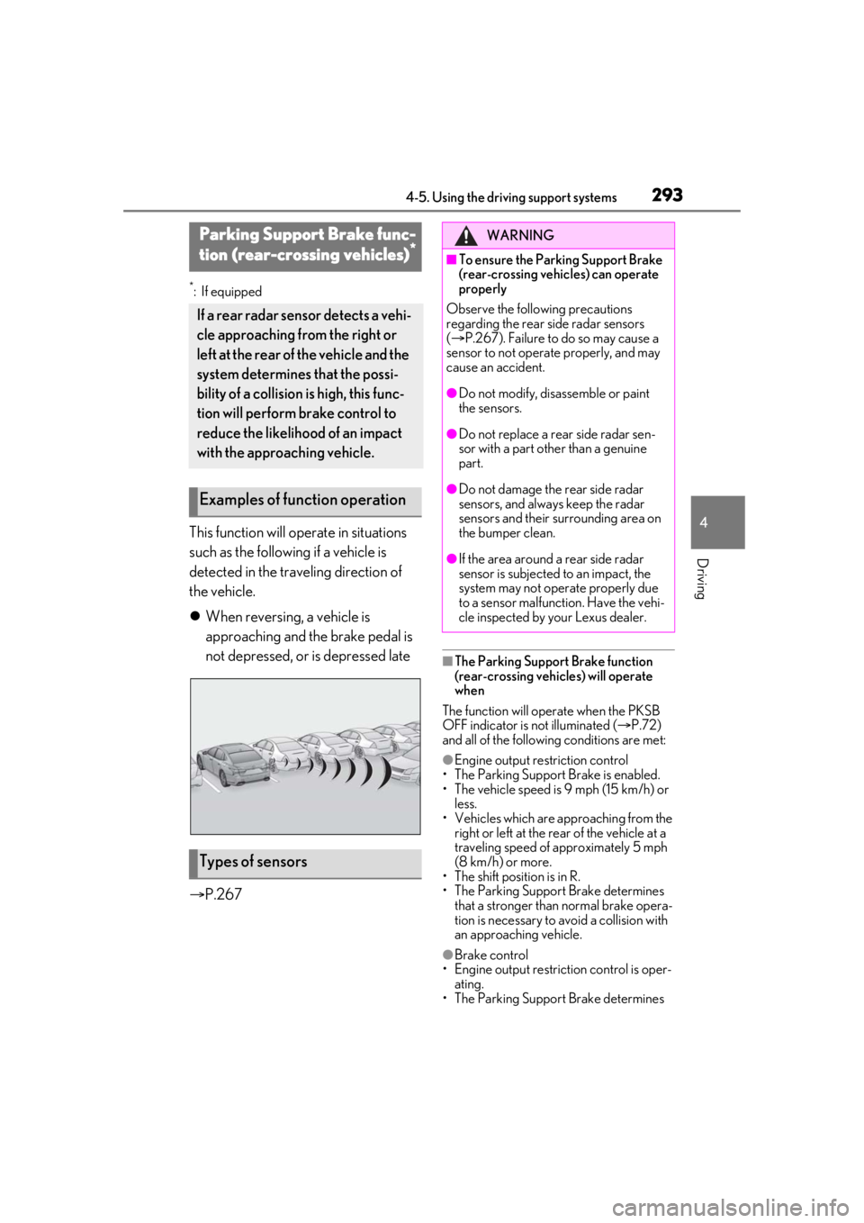 LEXUS LS500 2021  Owners Manual 2934-5. Using the driving support systems
4
Driving
*:If equipped
This function will operate in situations 
such as the following if a vehicle is 
detected in the traveling direction of 
the vehicle.
