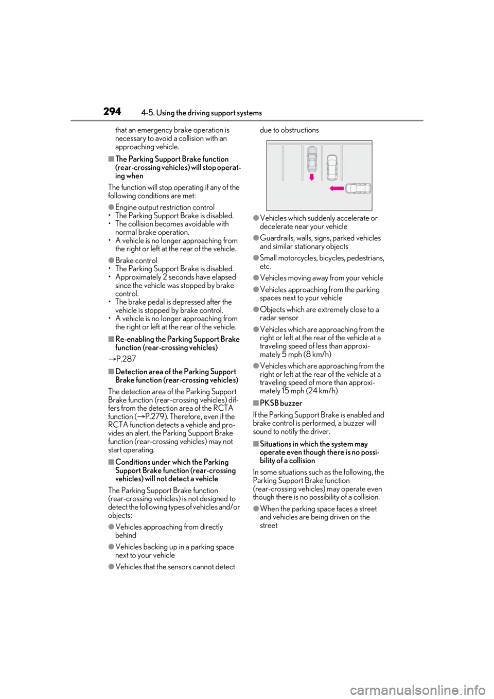 LEXUS LS500 2021  Owners Manual 2944-5. Using the driving support systems
that an emergency brake operation is 
necessary to avoid a collision with an 
approaching vehicle.
■The Parking Support Brake function 
(rear-crossing vehic