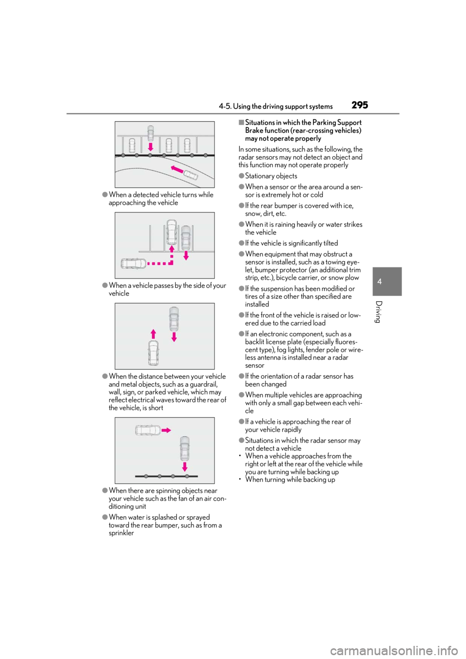 LEXUS LS500 2021  Owners Manual 2954-5. Using the driving support systems
4
Driving
●When a detected vehicle turns while 
approaching the vehicle
●When a vehicle passes by the side of your 
vehicle
●When the distance between y