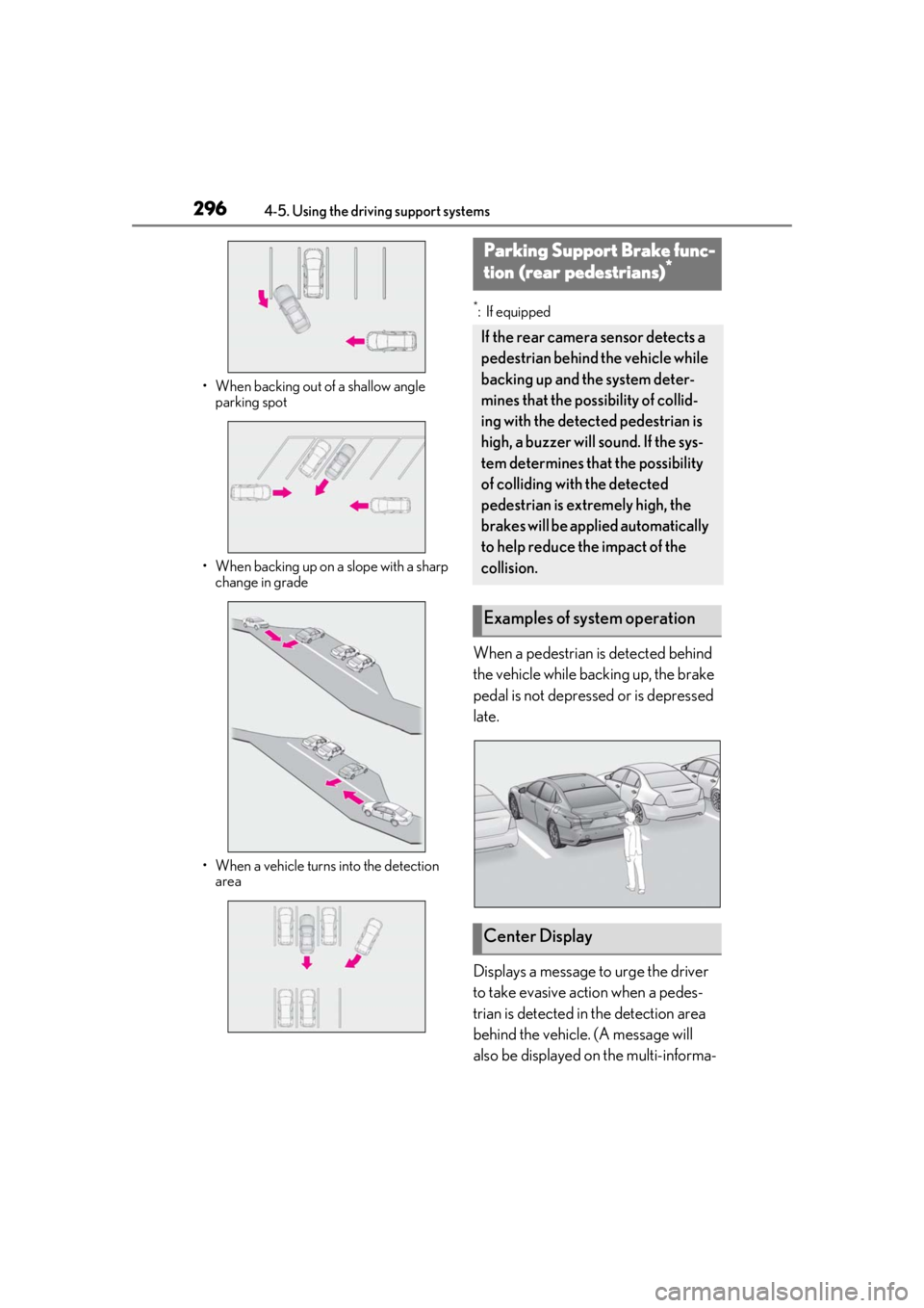 LEXUS LS500 2021  Owners Manual 2964-5. Using the driving support systems
• When backing out of a shallow angle parking spot
• When backing up on a slope with a sharp  change in grade
• When a vehicle turns into the detection 