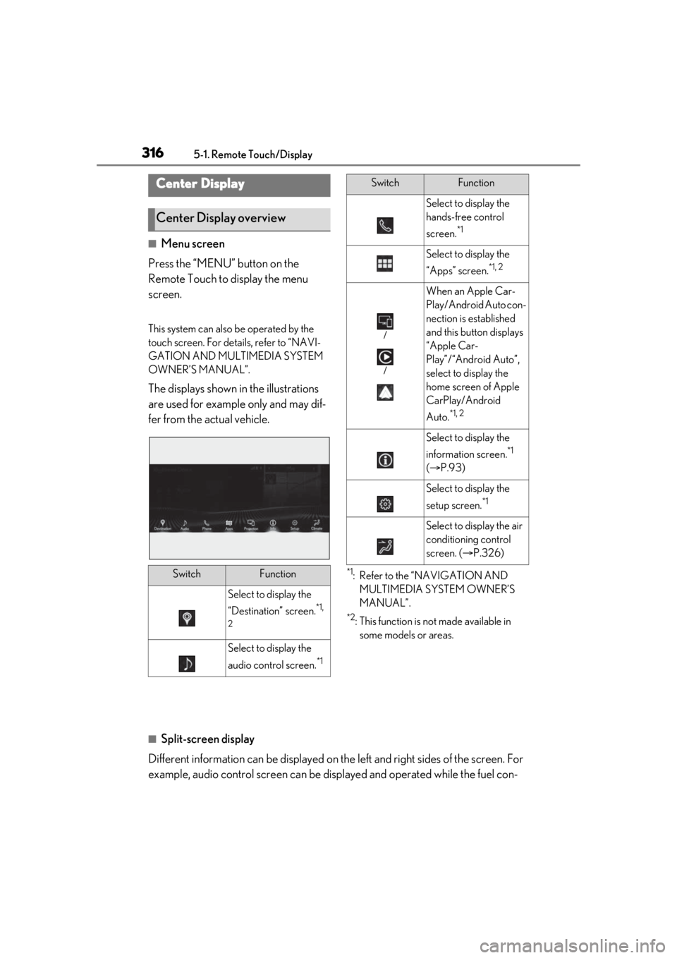 LEXUS LS500 2021 Owners Manual 3165-1. Remote Touch/Display
■Menu screen
Press the “MENU” button on the
Remote Touch to display the menu
screen.
This system can also be operated by the
touch screen. For deta ils, refer to LEXUS LS500 2021 Owners Manual 3165-1. Remote Touch/Display
■Menu screen
Press the “MENU” button on the
Remote Touch to display the menu
screen.
This system can also be operated by the
touch screen. For deta ils, refer to