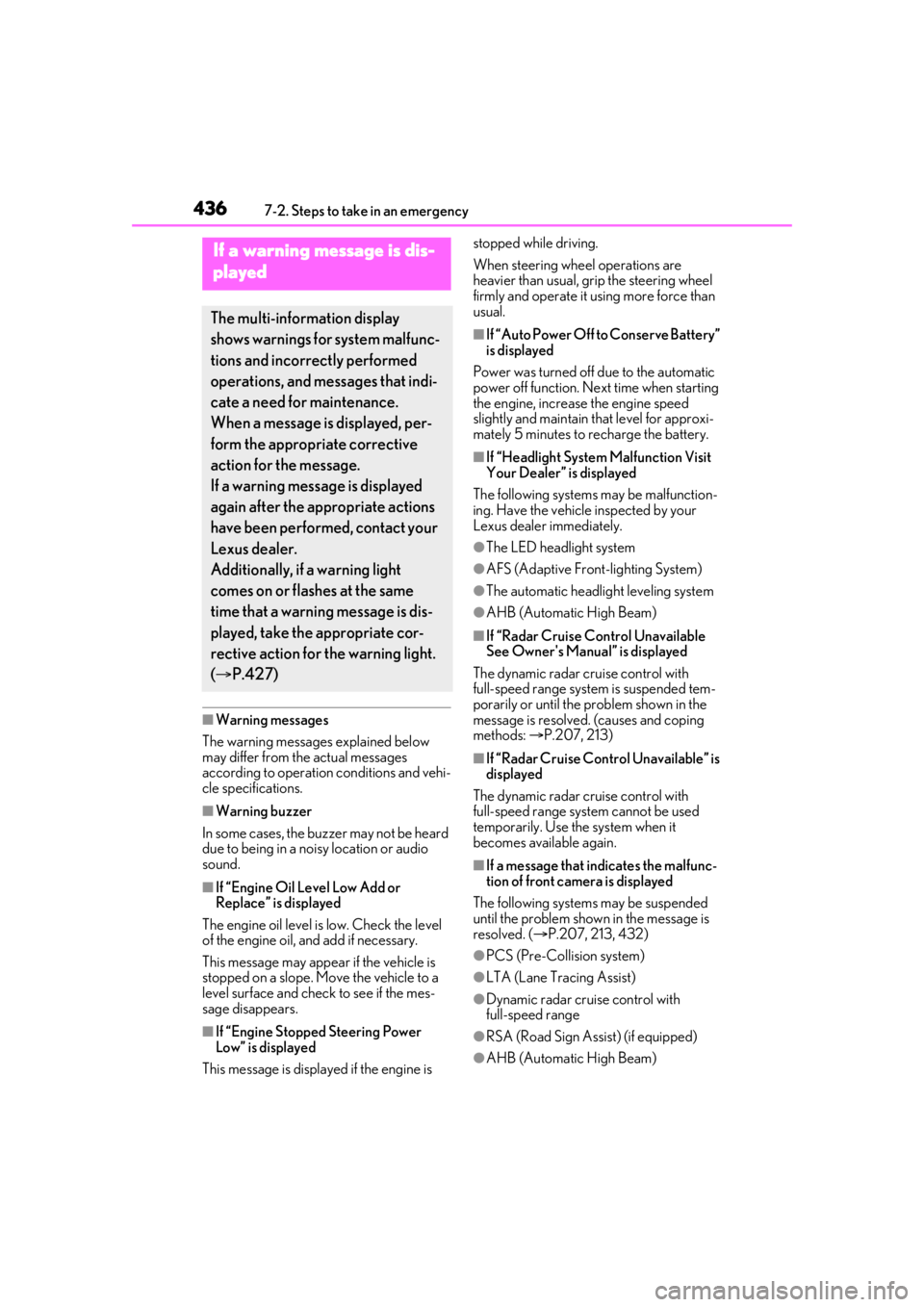 LEXUS LS500 2021 Owners Manual 4367-2. Steps to take in an emergency
■Warning messages
The warning messages explained below
may differ from the actual messages
according to operation conditions and vehi-
cle specifications.
■ LEXUS LS500 2021 Owners Manual 4367-2. Steps to take in an emergency
■Warning messages
The warning messages explained below
may differ from the actual messages
according to operation conditions and vehi-
cle specifications.
■