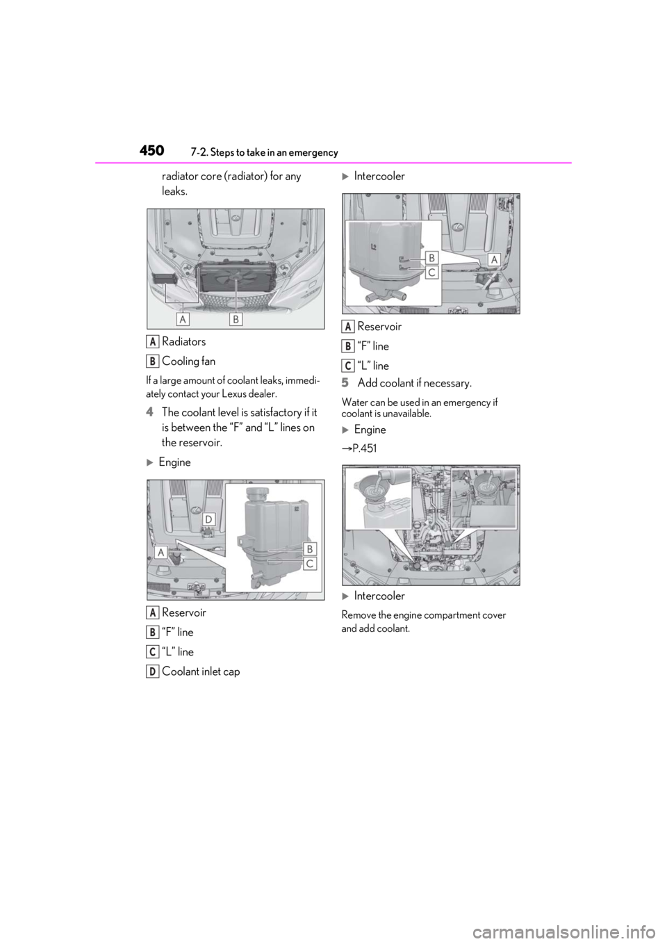 LEXUS LS500 2021 Owners Manual 4507-2. Steps to take in an emergency
radiator core (radiator) for any
leaks.
Radiators
Cooling fan
If a large amount of coolant leaks, immedi-
ately contact your Lexus dealer.
4The coolant level is LEXUS LS500 2021 Owners Manual 4507-2. Steps to take in an emergency
radiator core (radiator) for any
leaks.
Radiators
Cooling fan
If a large amount of coolant leaks, immedi-
ately contact your Lexus dealer.
4The coolant level is