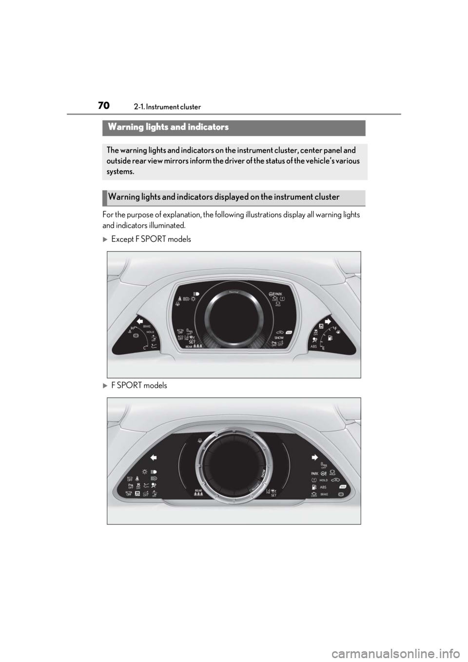 LEXUS LS500 2021 Repair Manual 702-1. Instrument cluster
2-1.Instrument cluster
For the purpose of explanation, the following illustrations display all warning lights
and indicators illuminated.
Except F SPORT models
F SPORT LEXUS LS500 2021 Repair Manual 702-1. Instrument cluster
2-1.Instrument cluster
For the purpose of explanation, the following illustrations display all warning lights
and indicators illuminated.
Except F SPORT models
F SPORT