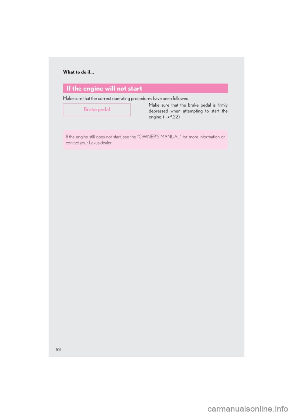 LEXUS LS500 2022  Owners Manual What to do if...
101
LS500_QG_U
Make sure that the correct operating procedures have been followed. 
Make sure that the brake pedal is firmly 
depressed when attempting to start the
engine. ( P.22)