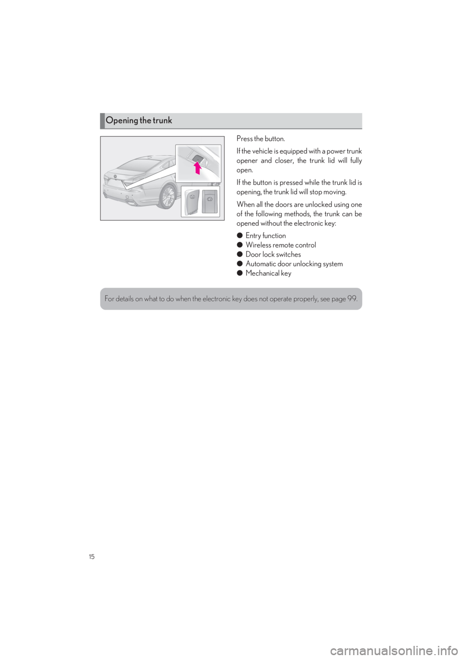 LEXUS LS500 2022 User Guide 15
LS500_QG_U
Press the button. 
If the vehicle is equipped with a power trunk 
opener and closer, the trunk lid will fully
open. 
If the button is pressed while the trunk lid is 
opening, the trunk l
