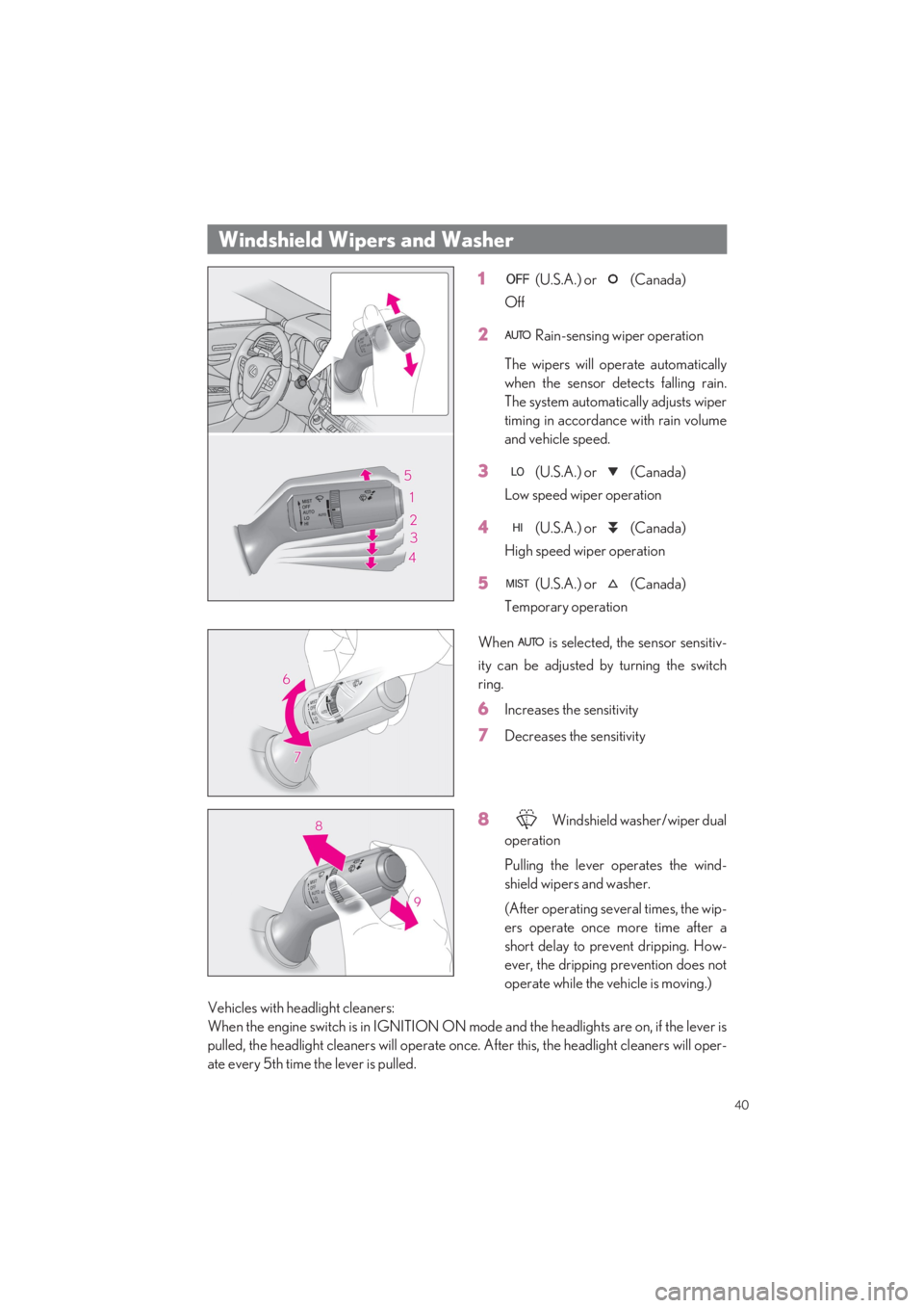 LEXUS LS500 2022  Owners Manual 40
LS500_QG_U
1 (U.S.A.) or   (Canada) 
Off
2 Rain-sensing wiper operation 
The wipers will operate automatically 
when the sensor detects falling rain.
The system automatically adjusts wiper
timing i