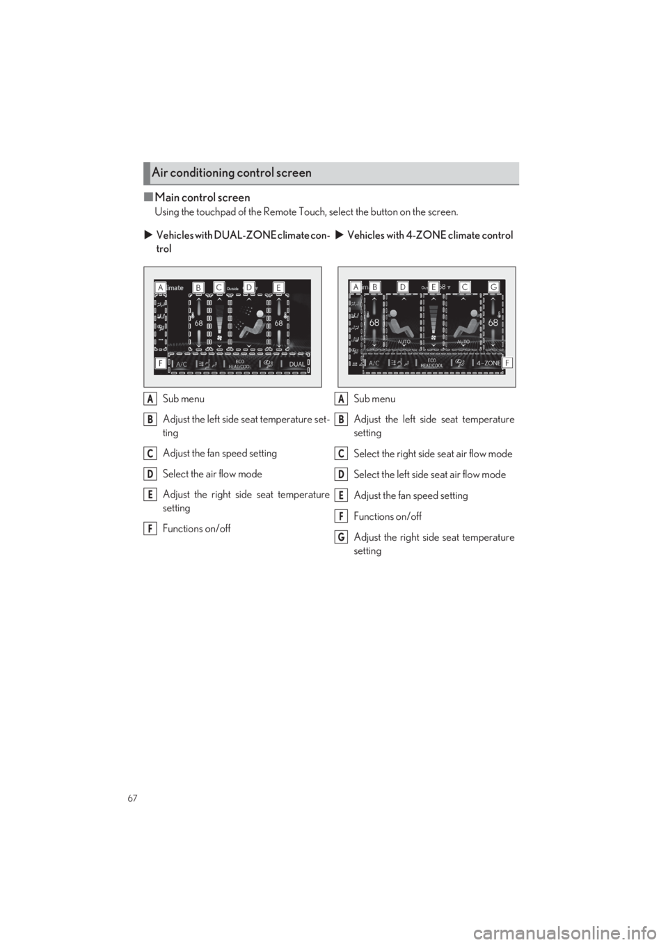 LEXUS LS500 2022 Repair Manual 67
LS500_QG_U
■Main control screen
Using the touchpad of the Remote Touch, select the button on the screen.
Air conditioning control screen
Vehicles with DUAL-ZONE climate con- 
trol 
 Vehicle