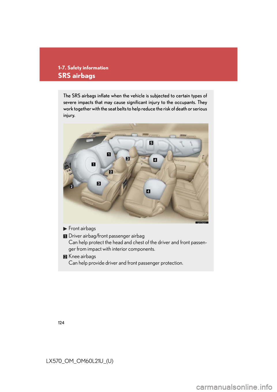 LEXUS LX570 2014 Owners Manual 1241-7. Safety information
LX570_OM_OM60L21U_(U) SRS airbags The SRS airbags inflate when the vehi cle is subjected to certain types of
severe impacts that may cause significant injury to the occupant LEXUS LX570 2014 Owners Manual 1241-7. Safety information
LX570_OM_OM60L21U_(U) SRS airbags The SRS airbags inflate when the vehi cle is subjected to certain types of
severe impacts that may cause significant injury to the occupant