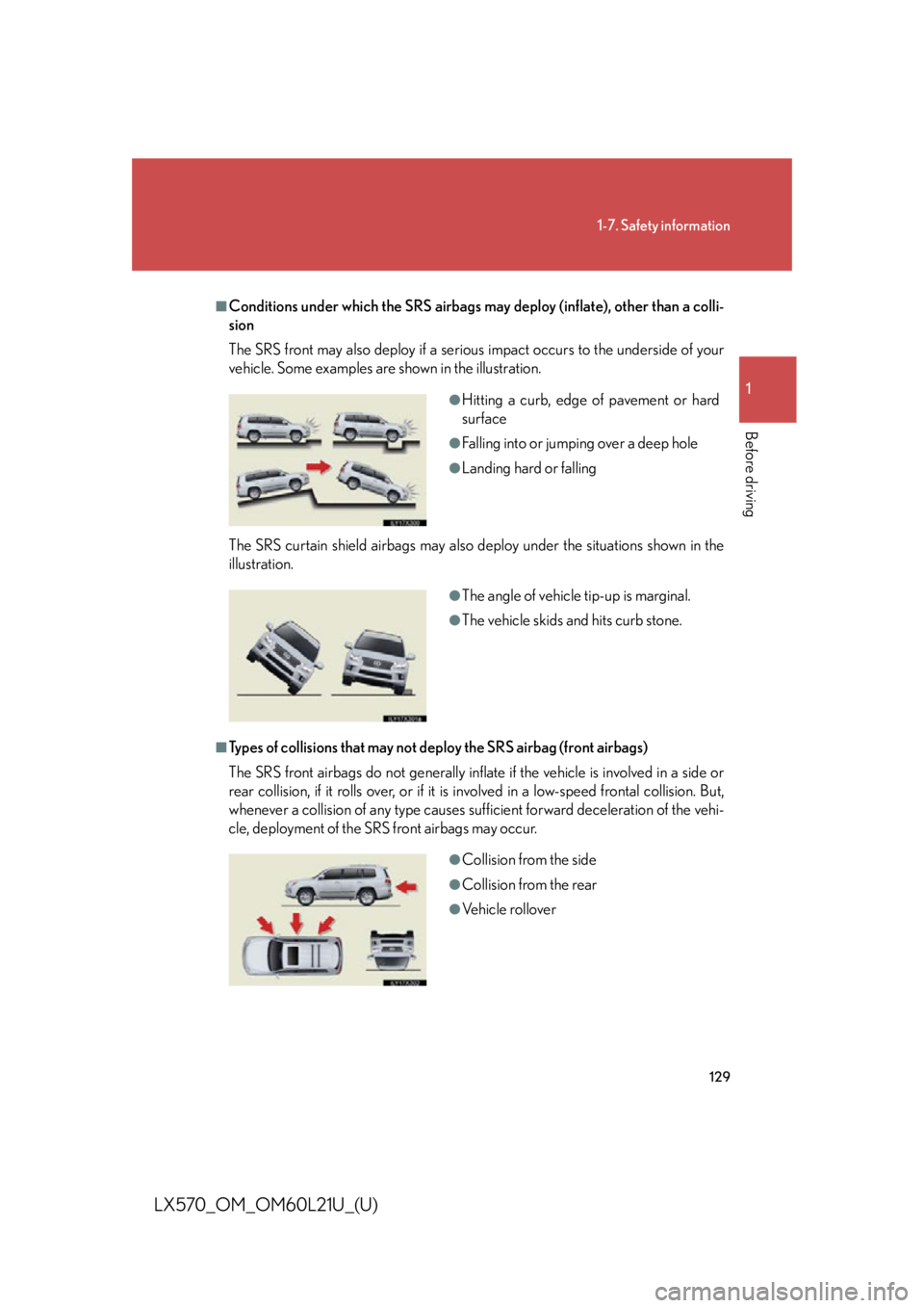 LEXUS LX570 2014 Owners Manual 1291-7. Safety information
1
Before driving
LX570_OM_OM60L21U_(U) ■
Conditions under which the SRS airbags may deploy (inflate), other than a colli-
sion
The SRS front may also deploy if a serious i LEXUS LX570 2014 Owners Manual 1291-7. Safety information
1
Before driving
LX570_OM_OM60L21U_(U) ■
Conditions under which the SRS airbags may deploy (inflate), other than a colli-
sion
The SRS front may also deploy if a serious i