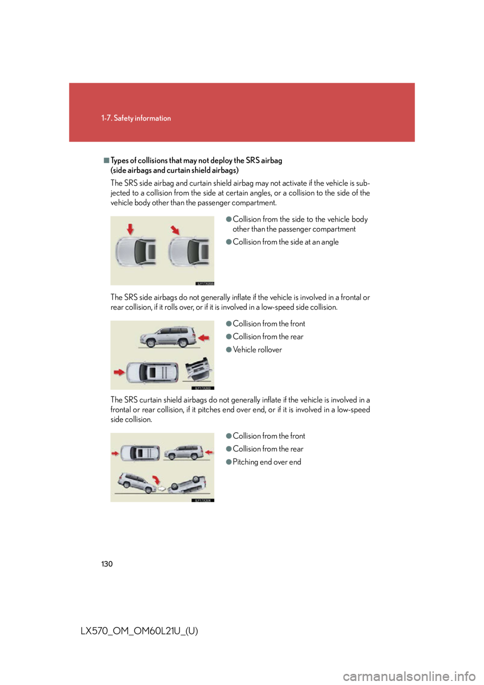 LEXUS LX570 2014 Owners Manual 1301-7. Safety information
LX570_OM_OM60L21U_(U) ■
Types of collisions that may not deploy the SRS airbag
(side airbags and curtain shield airbags)
The SRS side airbag and curtain shield airbag may LEXUS LX570 2014 Owners Manual 1301-7. Safety information
LX570_OM_OM60L21U_(U) ■
Types of collisions that may not deploy the SRS airbag
(side airbags and curtain shield airbags)
The SRS side airbag and curtain shield airbag may