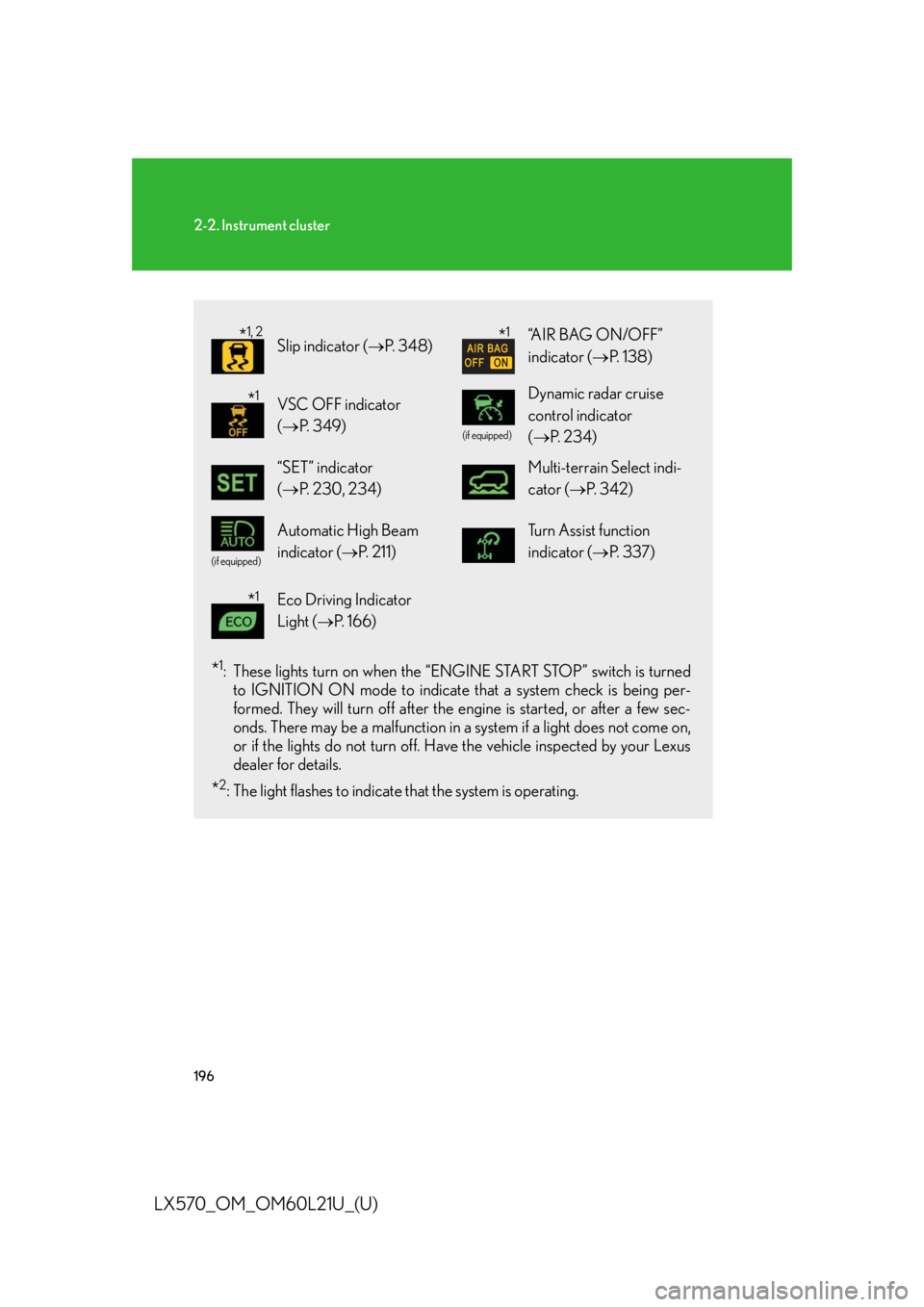 LEXUS LX570 2014 Owners Manual 1962-2. Instrument cluster
LX570_OM_OM60L21U_(U) * 1
: These lights turn on when the “E NGINE START STOP” switch is turned
to IGNITION ON mode to indicate that a system check is being per-
formed. LEXUS LX570 2014 Owners Manual 1962-2. Instrument cluster
LX570_OM_OM60L21U_(U) * 1
: These lights turn on when the “E NGINE START STOP” switch is turned
to IGNITION ON mode to indicate that a system check is being per-
formed.