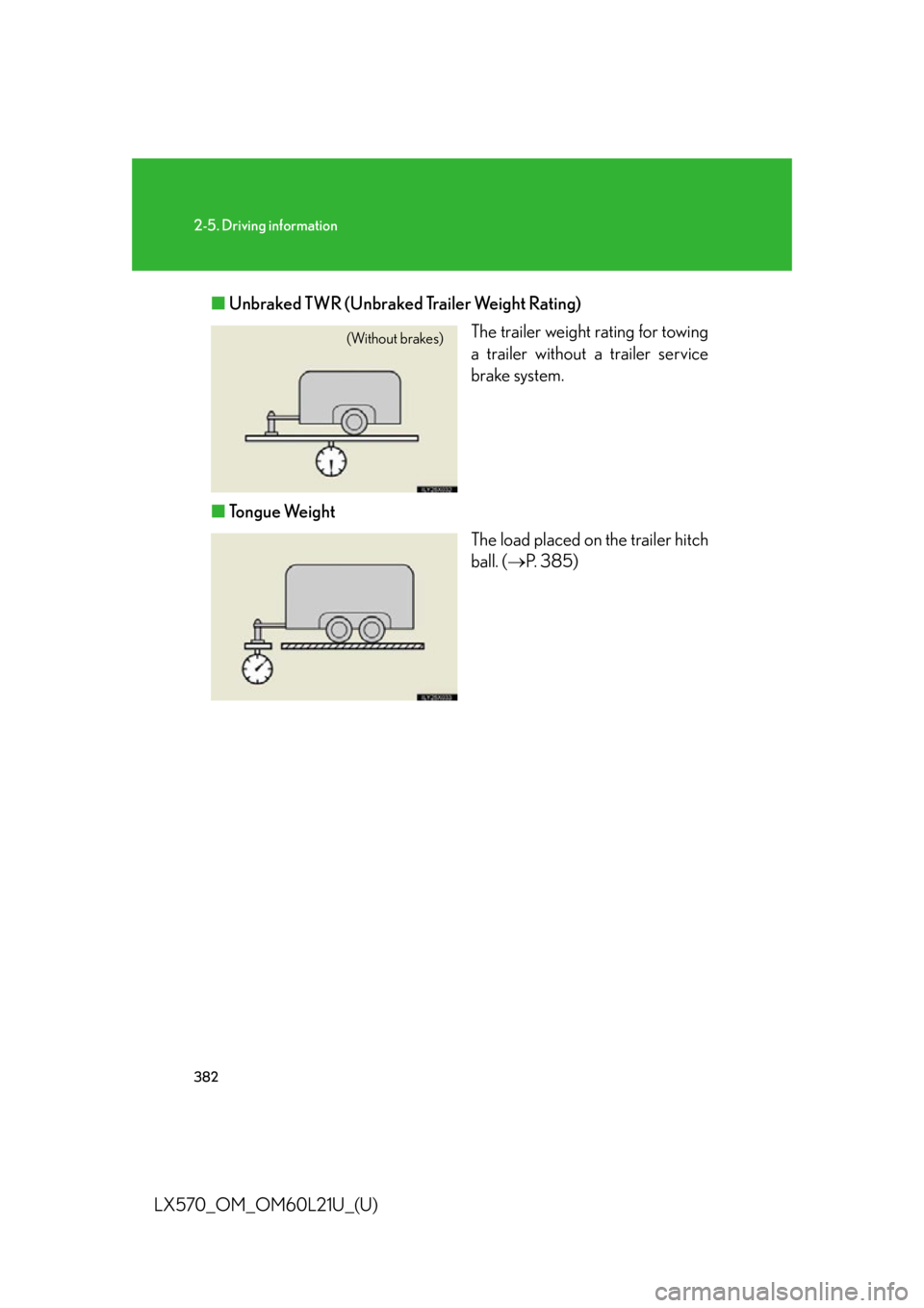 LEXUS LX570 2014  Owners Manual 3822-5. Driving information
LX570_OM_OM60L21U_(U) ■ Unbraked TWR (Unbraked Trailer Weight Rating)
The trailer weight rating for towing
a trailer without a trailer service
brake system.
■ Tongue We