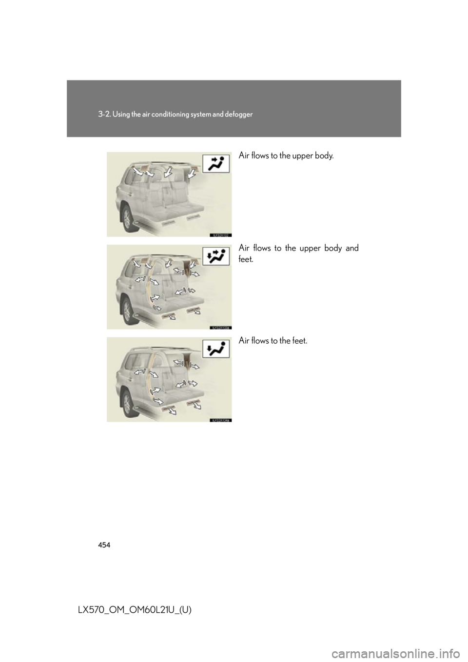 LEXUS LX570 2014  Owners Manual 4543-2. Using the air conditio ning system and defogger
LX570_OM_OM60L21U_(U) Air flows to the upper body.
Air flows to the upper body and
feet.
Air flows to the feet. 