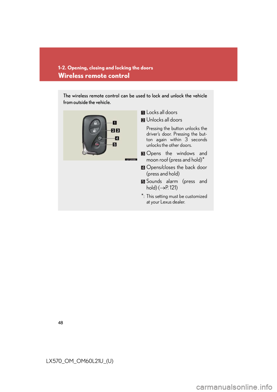 LEXUS LX570 2014 Service Manual 481-2. Opening, closing and locking the doors
LX570_OM_OM60L21U_(U) Wireless remote control The wireless remote control can be us ed to lock and unlock the vehicle
from outside the vehicle.
Locks all LEXUS LX570 2014 Service Manual 481-2. Opening, closing and locking the doors
LX570_OM_OM60L21U_(U) Wireless remote control The wireless remote control can be us ed to lock and unlock the vehicle
from outside the vehicle.
Locks all