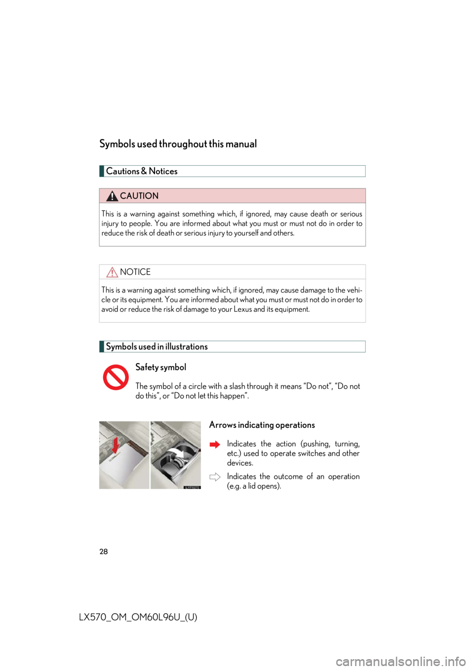 LEXUS LX570 2015 Owners Manual 28
LX570_OM_OM60L96U_(U) Symbols used throughout this manual Cautions & Notices
Symbols used in illustrations CAUTIONThis is a warning against something which, if ignored, may cause death or serious
LEXUS LX570 2015 Owners Manual 28
LX570_OM_OM60L96U_(U) Symbols used throughout this manual Cautions & Notices
Symbols used in illustrations CAUTIONThis is a warning against something which, if ignored, may cause death or serious