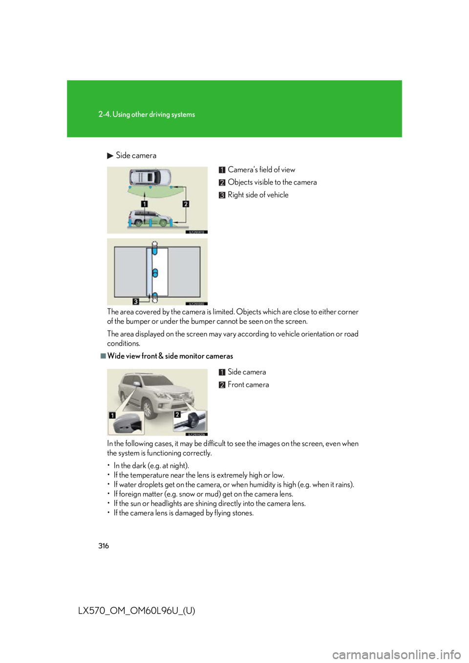 LEXUS LX570 2015  Owners Manual 3162-4. Using other driving systems
LX570_OM_OM60L96U_(U) Side camera
The area covered by the camera is limited . Objects which are close to either corner
of the bumper or under the bumper cannot be s