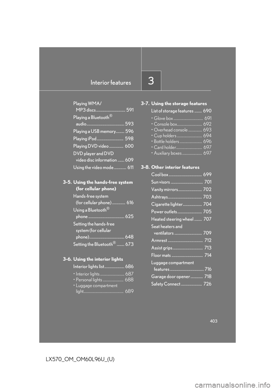 LEXUS LX570 2015  Owners Manual Interior features
3
403
LX570_OM_OM60L96U_(U) Playing WMA/
MP3 discs ...............................  591
Playing a Bluetooth ®
 
audio........................................ 593
Playing a USB memor