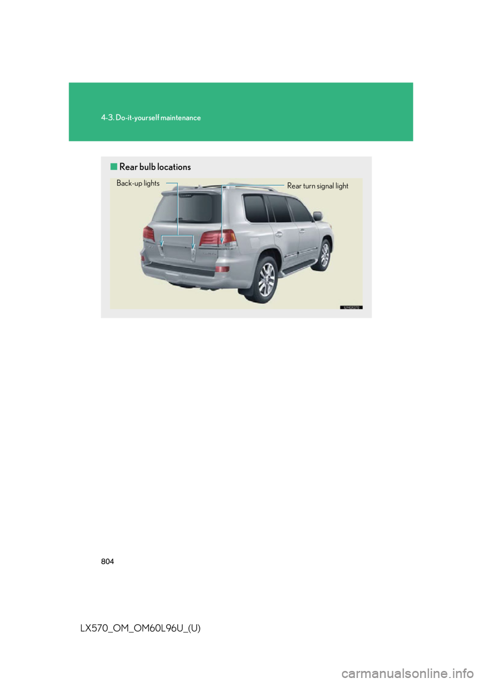 LEXUS LX570 2015  Owners Manual 8044-3. Do-it-yourself maintenance
LX570_OM_OM60L96U_(U) ■ Rear bulb locations Rear turn signal lightBack-up lights 