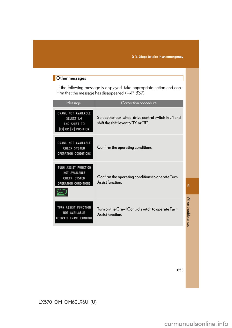 LEXUS LX570 2015  Owners Manual 5
When trouble arises
8535-2. Steps to take in an emergency
LX570_OM_OM60L96U_(U) Other messages
If the following message is displayed, take appropriate action and con-
firm that the message has disap