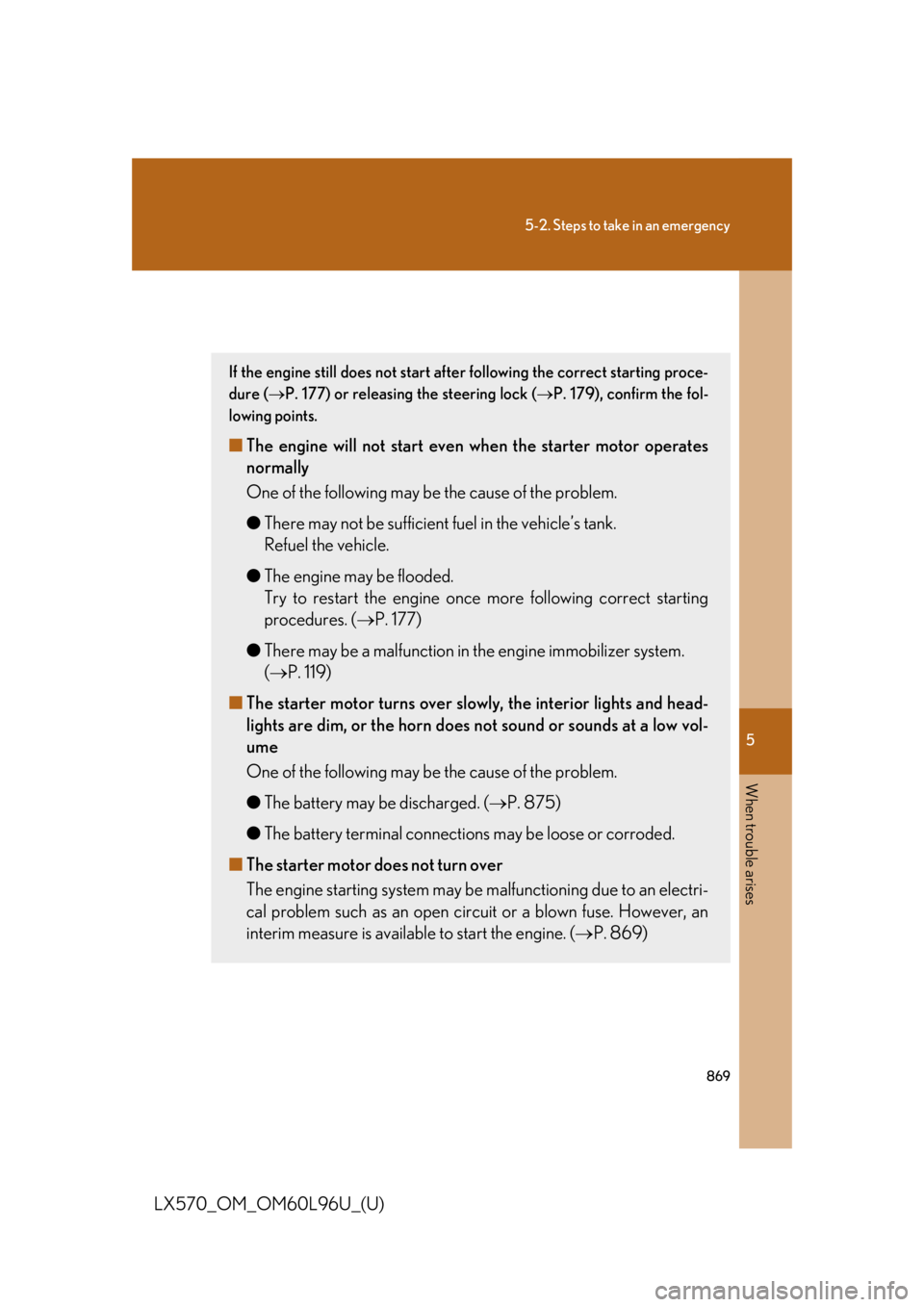 LEXUS LX570 2015  Owners Manual 5
When trouble arises
8695-2. Steps to take in an emergency
LX570_OM_OM60L96U_(U) If the engine will not start If the engine still does not start afte r following the correct starting proce-
dure ( 