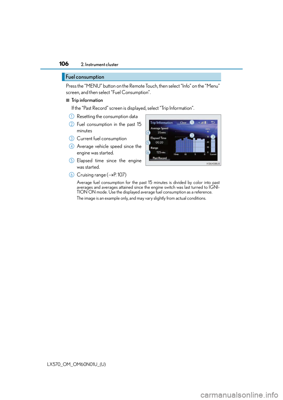 LEXUS LX570 2016 Owners Manual 106
LX570_OM_OM60N01U_(U) 2. Instrument cluster
Press the “MENU” button on the Remote Touch, then select “Info” on the “Menu”
screen, and then select “Fuel Consumption”. ■
Trip infor LEXUS LX570 2016 Owners Manual 106
LX570_OM_OM60N01U_(U) 2. Instrument cluster
Press the “MENU” button on the Remote Touch, then select “Info” on the “Menu”
screen, and then select “Fuel Consumption”. ■
Trip infor
