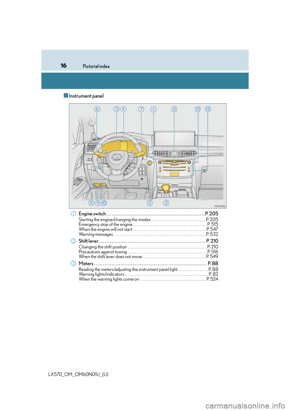 LEXUS LX570 2016 User Guide 16 Pictorial index
LX570_OM_OM60N01U_(U) ■ Instrument panel
Engine switch . . . . . . . . . . . . . . . . . . . . . . . . . . . . . . . . . . . . . . . . . . . . . . . . . . . . . . . . P.  205Start