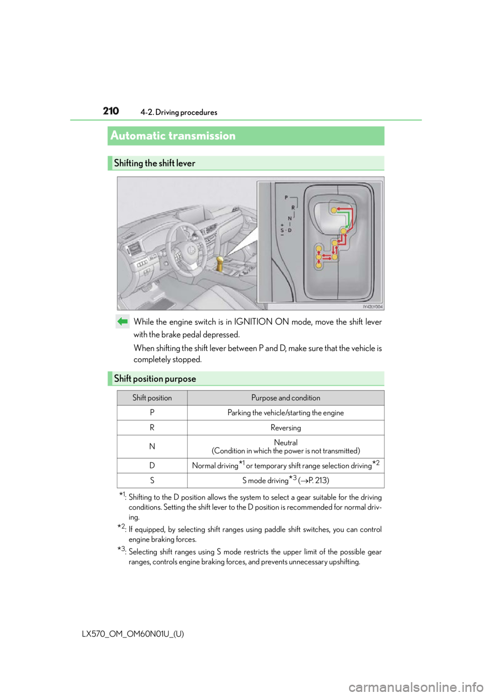 LEXUS LX570 2016 Manual PDF 210
LX570_OM_OM60N01U_(U) 4-2. Driving procedures
Automatic transmission
While the engine switch is in IGNITION ON mode, move the shift lever
with the brake pedal depressed.
When shifting the shift le LEXUS LX570 2016 Manual PDF 210
LX570_OM_OM60N01U_(U) 4-2. Driving procedures
Automatic transmission
While the engine switch is in IGNITION ON mode, move the shift lever
with the brake pedal depressed.
When shifting the shift le