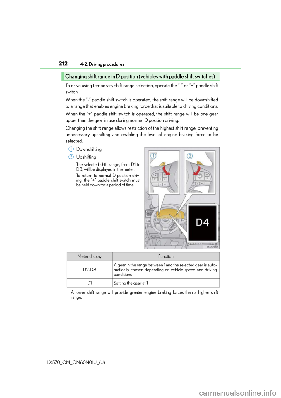 LEXUS LX570 2016 Manual PDF 212
LX570_OM_OM60N01U_(U) 4-2. Driving procedures
To drive using temporary shift range select ion, operate the “-” or “+” paddle shift
switch.
When the “-” paddle shift switch is operated, LEXUS LX570 2016 Manual PDF 212
LX570_OM_OM60N01U_(U) 4-2. Driving procedures
To drive using temporary shift range select ion, operate the “-” or “+” paddle shift
switch.
When the “-” paddle shift switch is operated,
