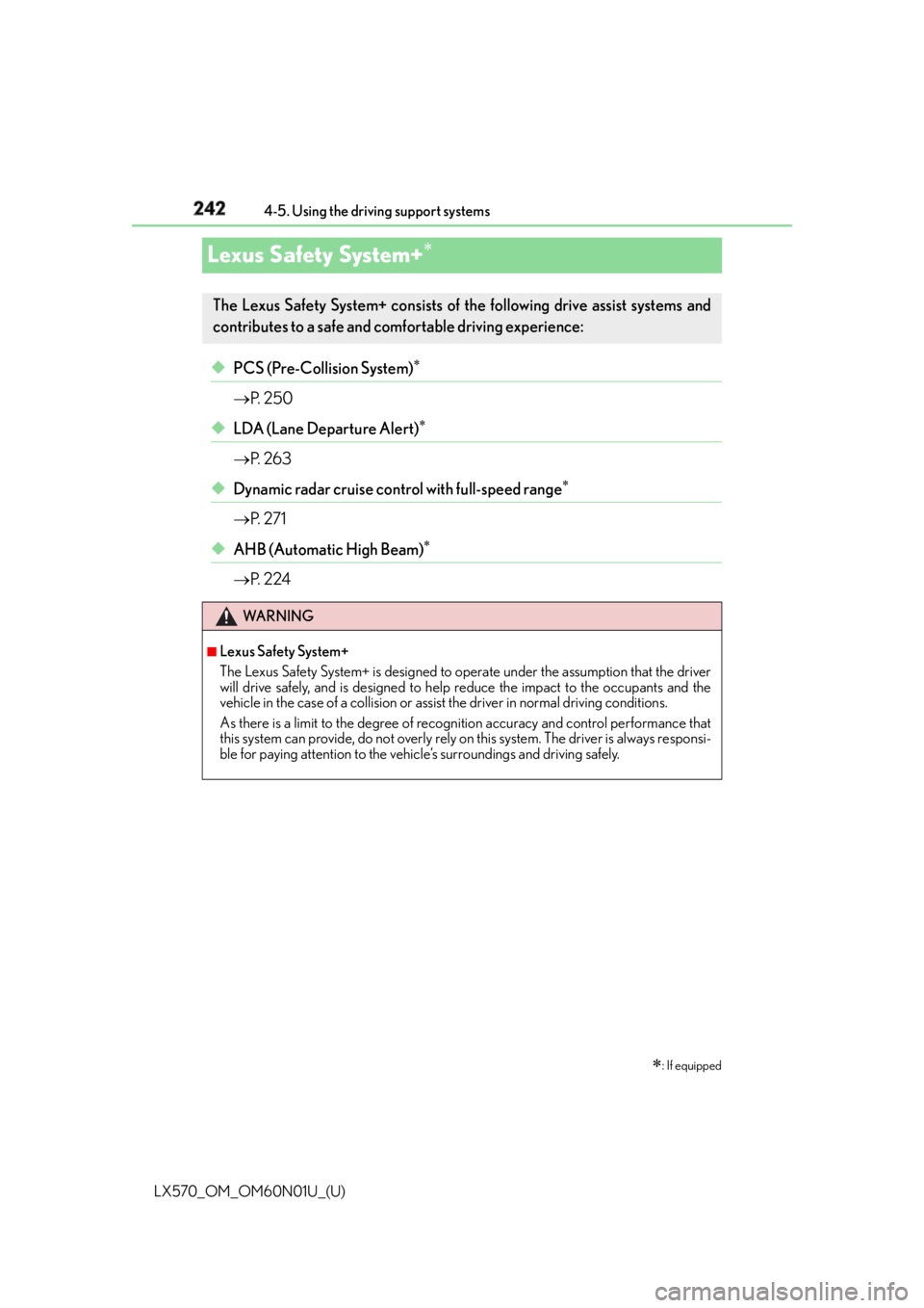 LEXUS LX570 2016  Owners Manual 242
LX570_OM_OM60N01U_(U) 4-5. Using the driving support systems
Lexus Safety System+ 
◆ PCS (Pre-Collision System) 
 P.  2 5 0
◆ LDA (Lane Departure Alert) 
 P.  2 6 3
◆ Dynamic 