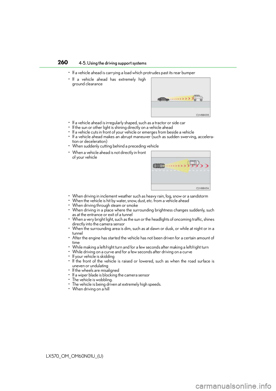 LEXUS LX570 2016 Owners Manual 260
LX570_OM_OM60N01U_(U) 4-5. Using the driving support systems
• If a vehicle ahead is carrying a load which protrudes past its rear bumper
• If a vehicle ahead is irregularly shaped, such as a LEXUS LX570 2016 Owners Manual 260
LX570_OM_OM60N01U_(U) 4-5. Using the driving support systems
• If a vehicle ahead is carrying a load which protrudes past its rear bumper
• If a vehicle ahead is irregularly shaped, such as a