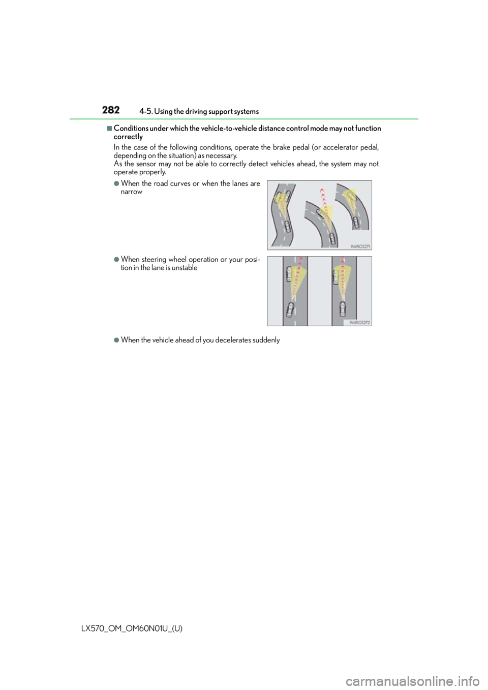 LEXUS LX570 2016 Owners Guide 282
LX570_OM_OM60N01U_(U) 4-5. Using the driving support systems■
Conditions under which the ve hicle-to-vehicle distance co ntrol mode may not function
correctly
In the case of the following condit LEXUS LX570 2016 Owners Guide 282
LX570_OM_OM60N01U_(U) 4-5. Using the driving support systems■
Conditions under which the ve hicle-to-vehicle distance co ntrol mode may not function
correctly
In the case of the following condit
