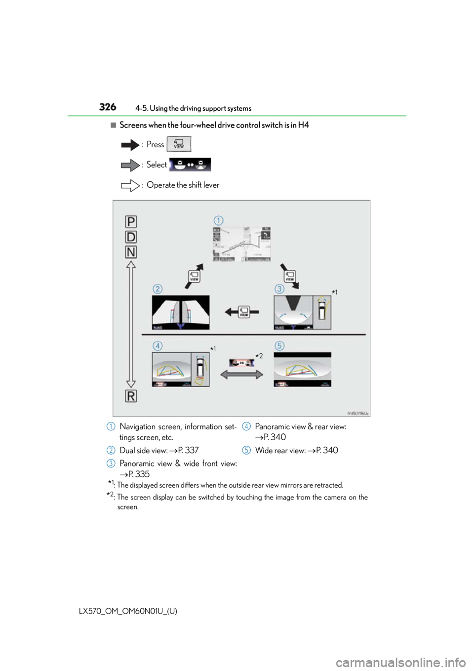 LEXUS LX570 2016 Owners Manual 326
LX570_OM_OM60N01U_(U) 4-5. Using the driving support systems■
Screens when the four-wheel drive control switch is in H4
:Press
: Select
: Operate the shift lever
* 1
: The displayed screen dif LEXUS LX570 2016 Owners Manual 326
LX570_OM_OM60N01U_(U) 4-5. Using the driving support systems■
Screens when the four-wheel drive control switch is in H4
:Press
: Select
: Operate the shift lever
* 1
: The displayed screen dif