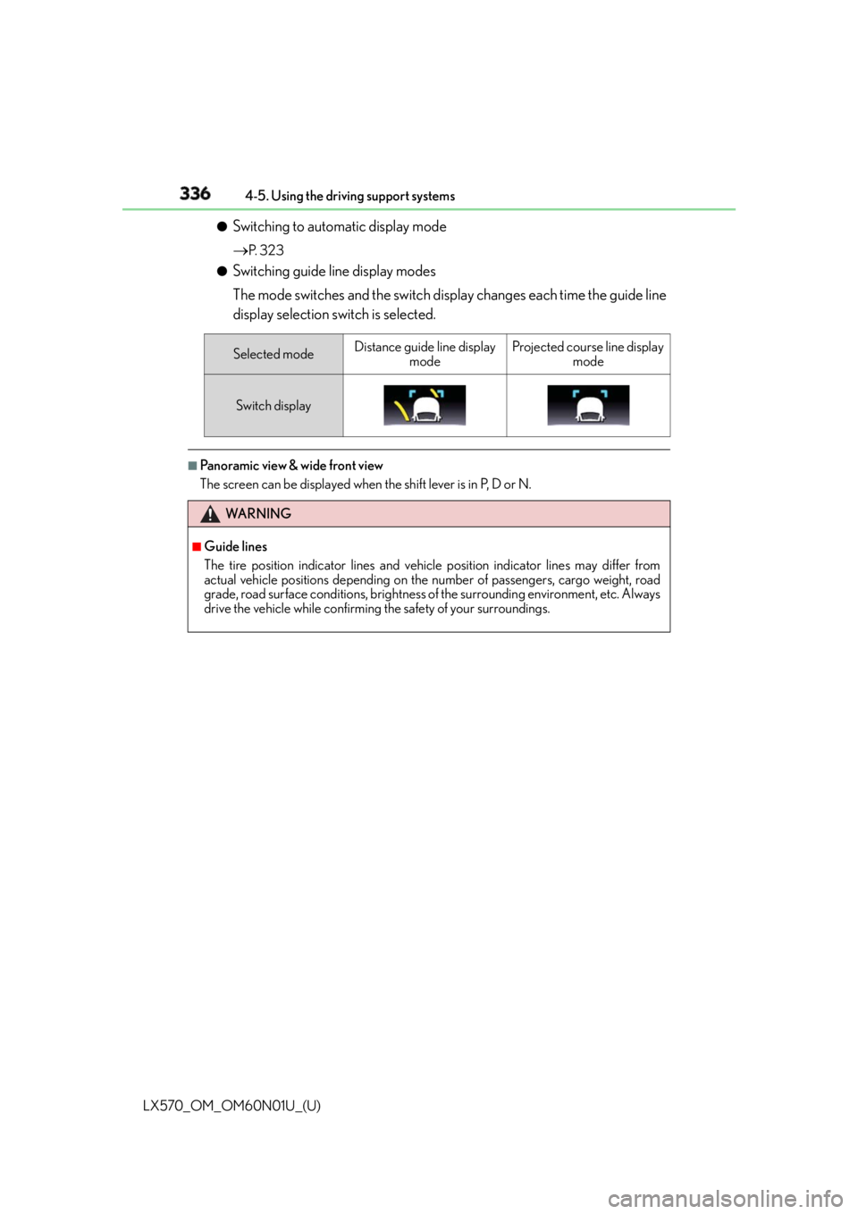 LEXUS LX570 2016 Owners Manual 336
LX570_OM_OM60N01U_(U) 4-5. Using the driving support systems●
Switching to automatic display mode
P. 3 2 3●
Switching guide line display modes
The mode switches and the switch display cha LEXUS LX570 2016 Owners Manual 336
LX570_OM_OM60N01U_(U) 4-5. Using the driving support systems●
Switching to automatic display mode
P. 3 2 3●
Switching guide line display modes
The mode switches and the switch display cha