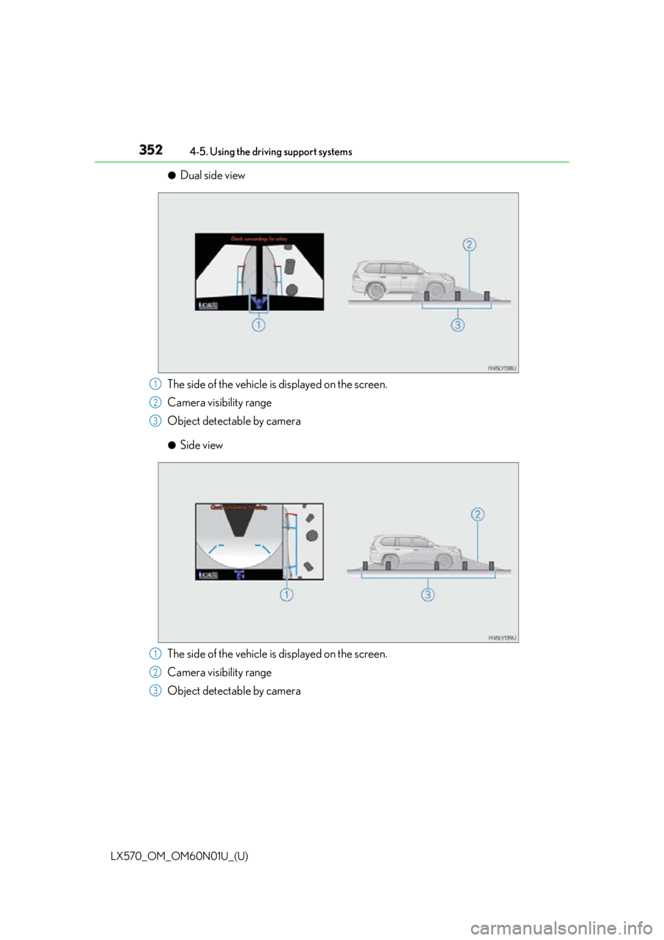 LEXUS LX570 2016 Owners Manual 352
LX570_OM_OM60N01U_(U) 4-5. Using the driving support systems●
Dual side view
The side of the vehicle is displayed on the screen.
Camera visibility range
Object detectable by camera ●
Side view LEXUS LX570 2016 Owners Manual 352
LX570_OM_OM60N01U_(U) 4-5. Using the driving support systems●
Dual side view
The side of the vehicle is displayed on the screen.
Camera visibility range
Object detectable by camera ●
Side view