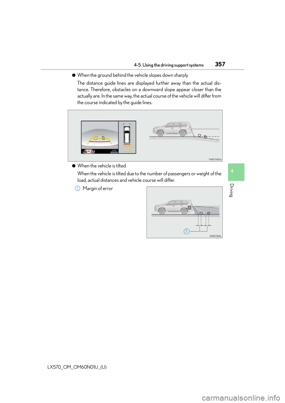 LEXUS LX570 2016 Owners Manual LX570_OM_OM60N01U_(U) 3574-5. Using the driving support systems
4
Driving ●
When the ground behind the vehicle slopes down sharply
The distance guide lines are displaye d further away than the actua LEXUS LX570 2016 Owners Manual LX570_OM_OM60N01U_(U) 3574-5. Using the driving support systems
4
Driving ●
When the ground behind the vehicle slopes down sharply
The distance guide lines are displaye d further away than the actua