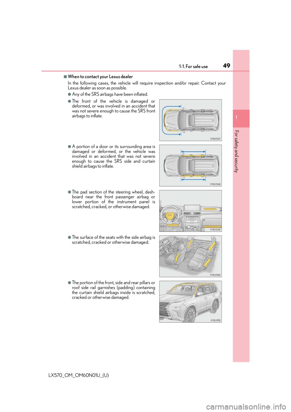 LEXUS LX570 2016 Service Manual 491-1. For safe use
LX570_OM_OM60N01U_(U) 1
For safety and security ■
When to contact your Lexus dealer
In the following cases, the vehicle will re quire inspection and/or repair. Contact your
Lexus