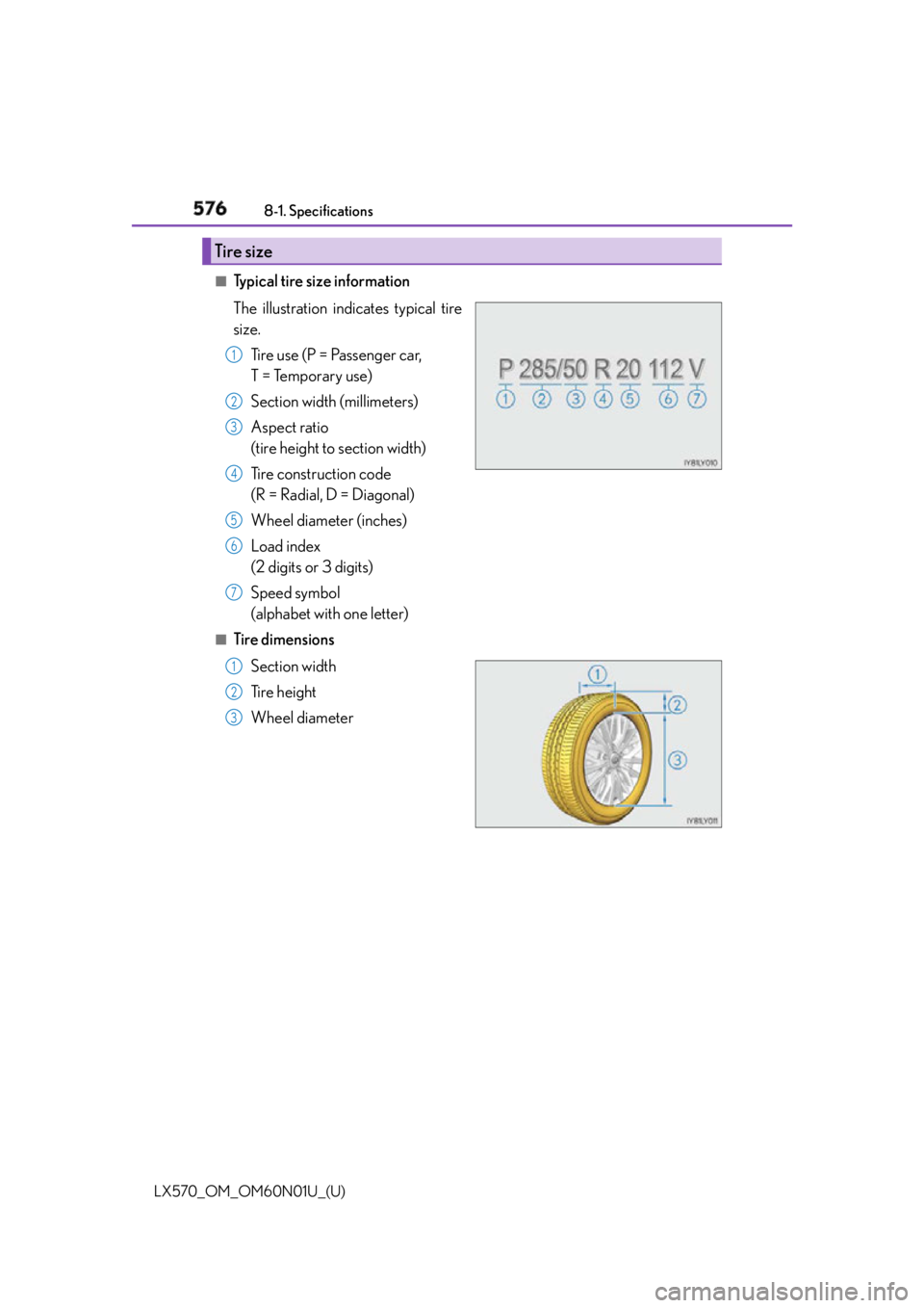 LEXUS LX570 2016 Owners Manual 576
LX570_OM_OM60N01U_(U) 8-1. Specifications
■
Typical tire size information
The illustration indicates typical tire
size.
Tire use (P = Passenger car,
T = Temporary use)
Section width (millimeter LEXUS LX570 2016 Owners Manual 576
LX570_OM_OM60N01U_(U) 8-1. Specifications
■
Typical tire size information
The illustration indicates typical tire
size.
Tire use (P = Passenger car,
T = Temporary use)
Section width (millimeter