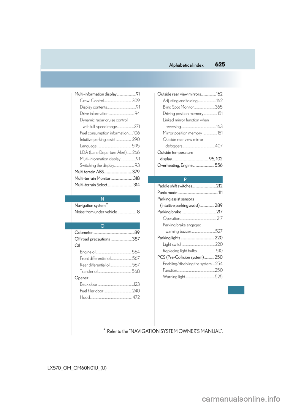 LEXUS LX570 2016  Owners Manual 625Alphabetical index
LX570_OM_OM60N01U_(U) Multi-information display .......................91
Crawl Control .................................... 309
Display contents ................................