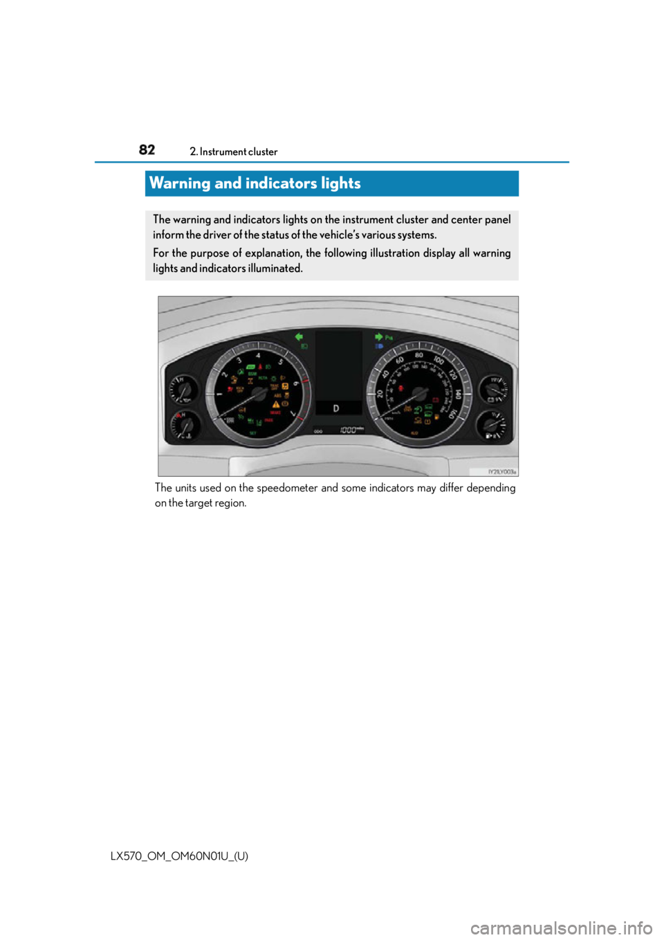 LEXUS LX570 2016  Owners Manual 82
LX570_OM_OM60N01U_(U) 2. Instrument cluster
Warning and indicators lights
The units used on the speedometer and  some indicators may differ depending
on the target region.The warning and indicators