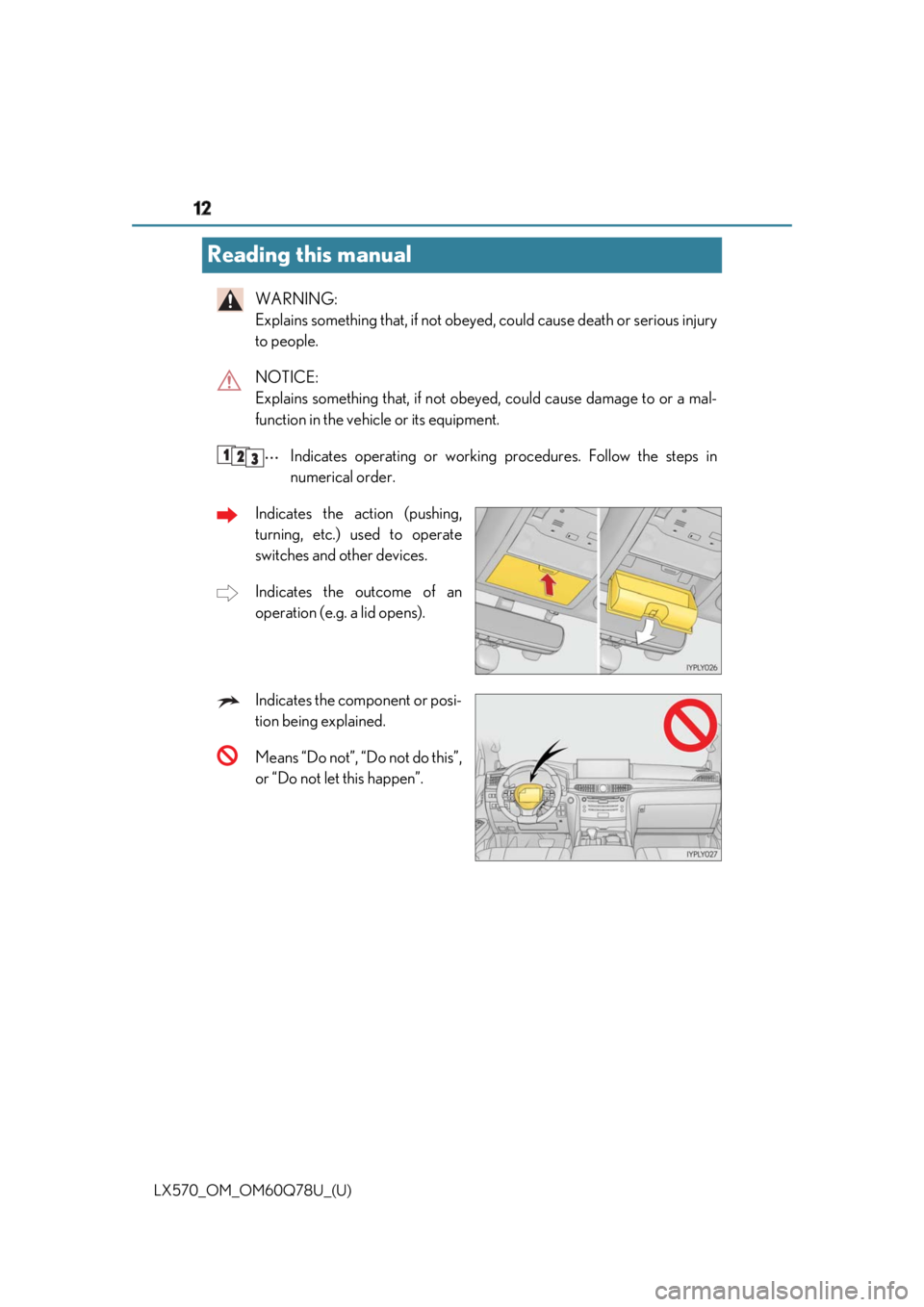 LEXUS LX570 2018 User Guide 12
LX570_OM_OM60Q78U_(U)Reading this manual WARNING:
Explains something that, if not obeyed , could cause death or serious injury
to people.
NOTICE:
Explains something that, if not obey ed, could ca LEXUS LX570 2018 User Guide 12
LX570_OM_OM60Q78U_(U)Reading this manual WARNING:
Explains something that, if not obeyed , could cause death or serious injury
to people.
NOTICE:
Explains something that, if not obey ed, could ca