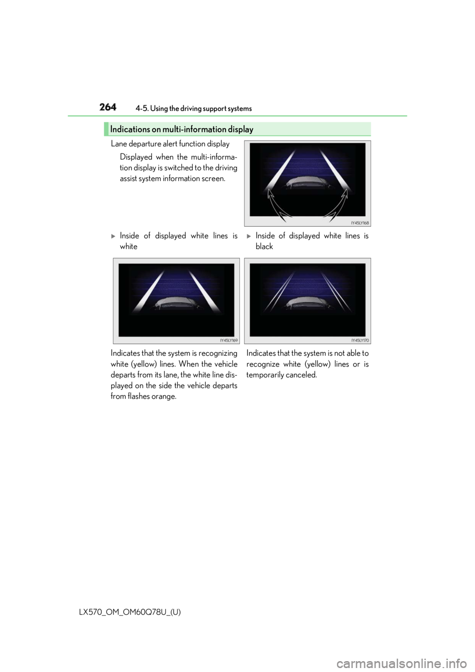 LEXUS LX570 2018 Owners Manual 264
LX570_OM_OM60Q78U_(U) 4-5. Using the driving support systems
Lane departure alert function display
Displayed when the multi-informa-
tion display is switched to the driving
assist system informati LEXUS LX570 2018 Owners Manual 264
LX570_OM_OM60Q78U_(U) 4-5. Using the driving support systems
Lane departure alert function display
Displayed when the multi-informa-
tion display is switched to the driving
assist system informati