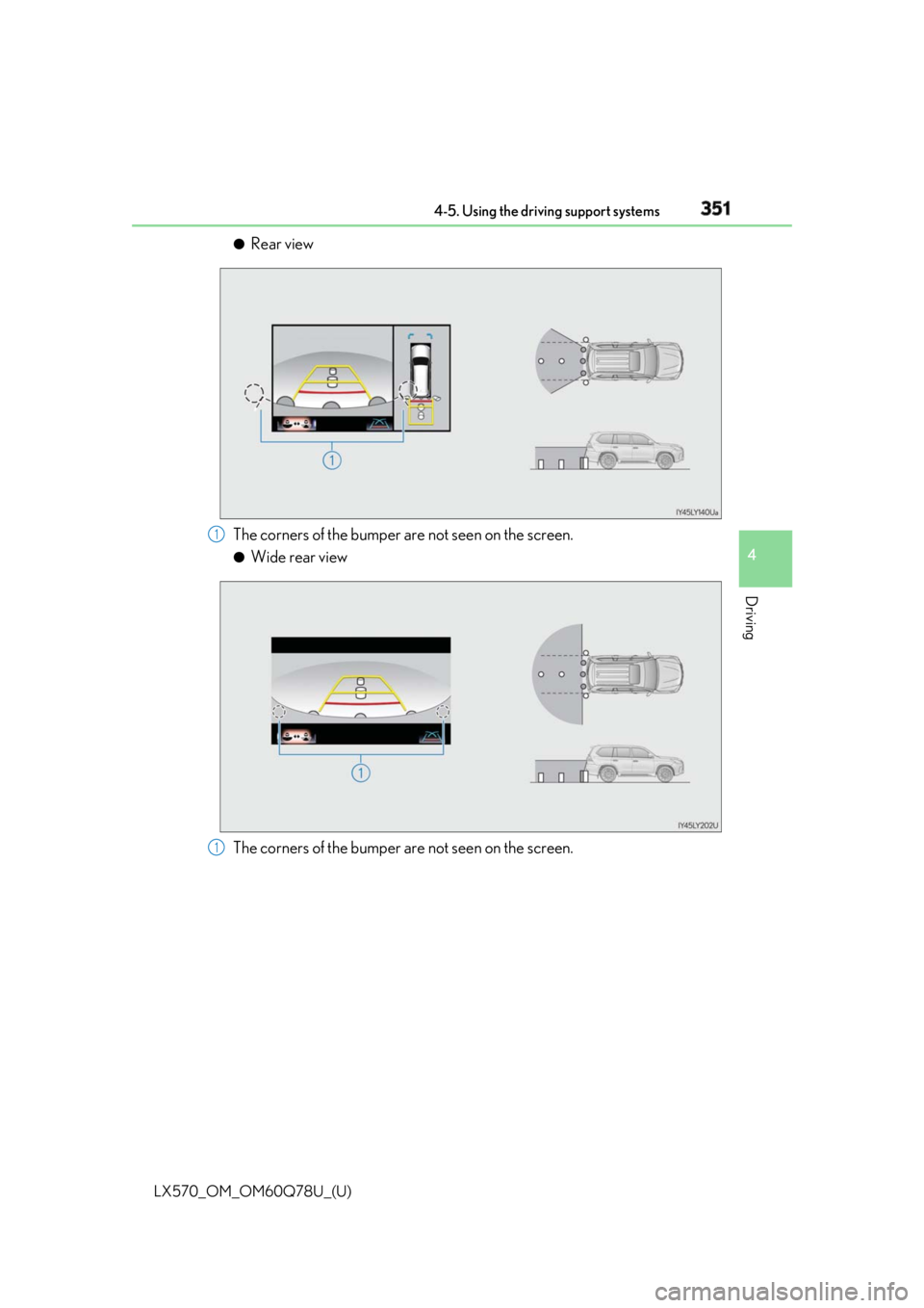 LEXUS LX570 2018 Owners Manual LX570_OM_OM60Q78U_(U) 3514-5. Using the driving support systems
4
Driving ●
Rear view
The corners of the bumper are not seen on the screen. ●
Wide rear view
The corners of the bumper are not seen LEXUS LX570 2018 Owners Manual LX570_OM_OM60Q78U_(U) 3514-5. Using the driving support systems
4
Driving ●
Rear view
The corners of the bumper are not seen on the screen. ●
Wide rear view
The corners of the bumper are not seen