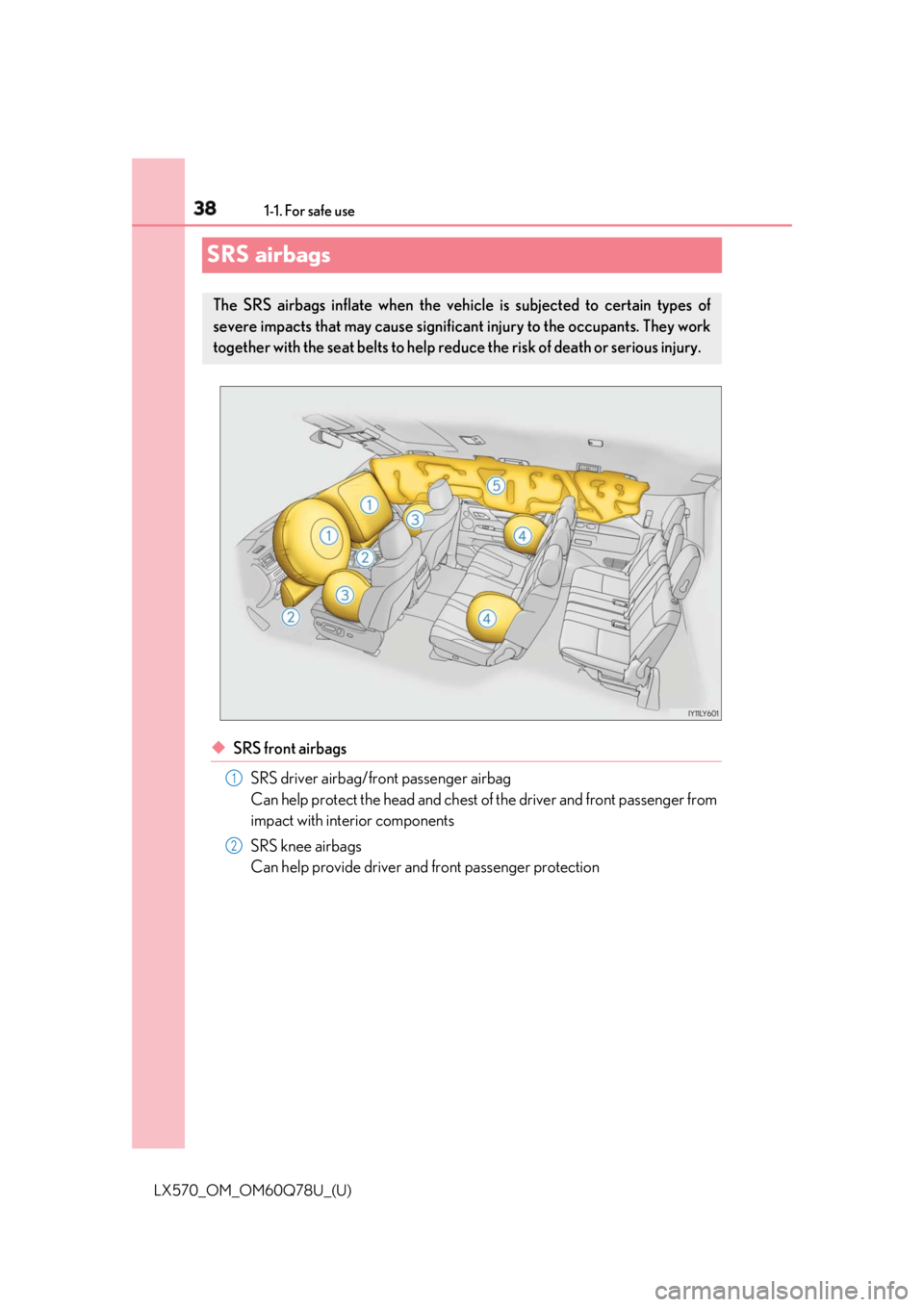 LEXUS LX570 2018 Owners Guide 38 1-1. For safe use
LX570_OM_OM60Q78U_(U)SRS airbags
◆ SRS front airbags
SRS driver airbag/front passenger airbag
Can help protect the head and chest of  the driver and front passenger from
impact 