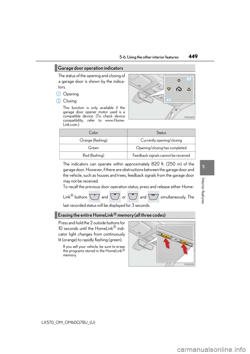 LEXUS LX570 2018 Owners Manual LX570_OM_OM60Q78U_(U) 4495-6. Using the other interior features
5
Interior features The status of the opening and closing of
a garage door is shown by the indica-
tors.
Opening
Closing This function i LEXUS LX570 2018 Owners Manual LX570_OM_OM60Q78U_(U) 4495-6. Using the other interior features
5
Interior features The status of the opening and closing of
a garage door is shown by the indica-
tors.
Opening
Closing This function i